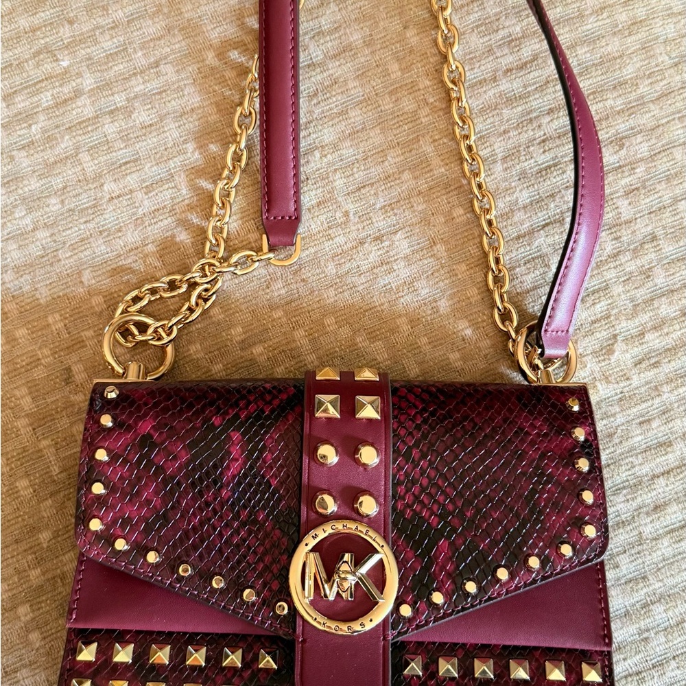 Michael Kors Burgundy and Gold Studded Crossbody Bag - Picture 4 of 9
